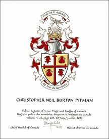 Lettres patentes concédant des emblèmes héraldiques à Christopher Neil Burton Pitman