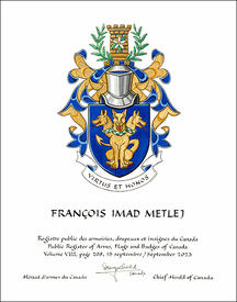 Lettres patentes concédant des emblèmes héraldiques à François Imad Metlej