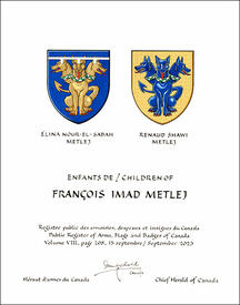 Letters patent granting heraldic emblems to François Imad Metlej