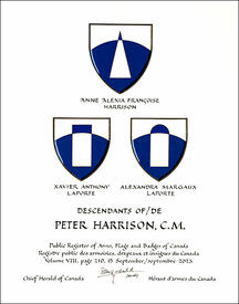 Letters patent granting heraldic emblems to Peter Harrison