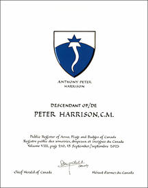 Letters patent granting heraldic emblems to Peter Harrison