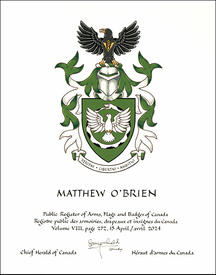 Lettres patentes concédant des emblèmes héraldiques à Matthew O’Brien Lettres patentes concédant des emblèmes héraldiques à Matthew O’Brien