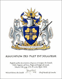 Lettres patentes concédant des emblèmes héraldiques à l'Association des Pilet dit Jolicoeur Lettres patentes concédant des emblèmes héraldiques à l'Association des Pilet dit Jolicoeur