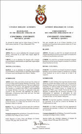 Letters patent registering the heraldic emblems of Concordia University