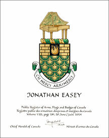 Lettres patentes concédant des emblèmes héraldiques à Jonathan Easey Lettres patentes concédant des emblèmes héraldiques à Jonathan Easey