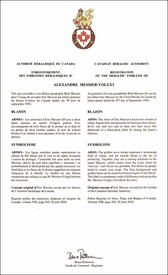 Lettres patentes enregistrant les emblèmes héraldiques d'Alexandre Messier-Volgyi