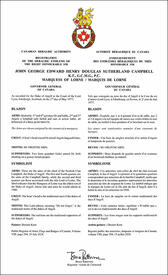 Lettres patentes enregistrant les emblèmes héraldiques de John George Edward Henry Douglas Sutherland Campbell