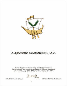 Lettres patentes concédant des emblèmes héraldiques à Alejandro Marangoni