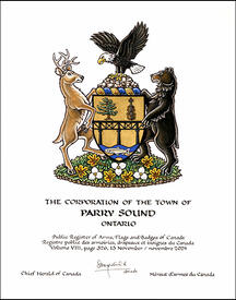 Letters patent granting heraldic emblems to The Corporation of the Town of Parry Sound Letters patent granting heraldic emblems to The Corporation of the Town of Parry Sound