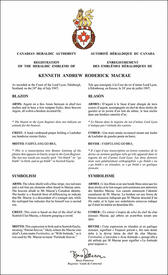 Lettres patentes enregistrant les emblèmes héraldiques de Kenneth Andrew Roderick Macrae Lettres patentes enregistrant les emblèmes héraldiques de Kenneth Andrew Roderick Macrae