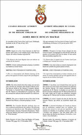 Lettres patentes enregistrant les emblèmes héraldiques de James Bruce Duncan Macrae