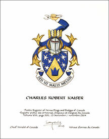 Lettres patentes concédant des emblèmes héraldiques à Charles Robert Kaiser