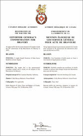 Lettres patentes enregistrant la barrette de la Mention élogieuse du gouverneur général pour acte de bravoure