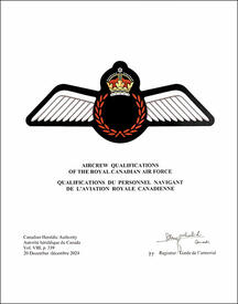 Lettres patentes enregistrant l'encadrement d'insigne pour les qualifications du personnel navigant de l'Aviation royale cannadienne