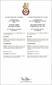 Lettres patentes enregistrant l'encadrement d’insigne de la Qualifications pour l'équipage de vol de l'Aviation royale cannadienne