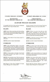 Lettres patentes enregistrant les emblèmes héraldiques d'Alastair William Gillespie