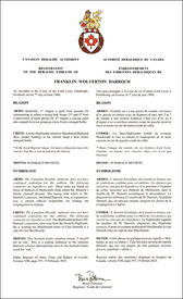 Lettres patentes enregistrant les emblèmes héraldiques de Franklin Wolverton Darroch