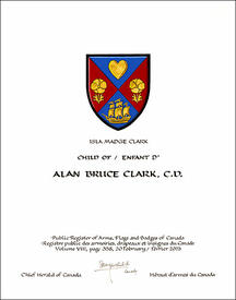 Letters patent granting heraldic emblems to Alan Bruce Clark Letters patent granting heraldic emblems to Alan Bruce Clark