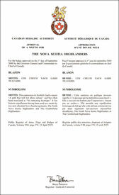 Lettres patentes approuvant les emblèmes héraldiques de The Nova Scotia Highlanders Lettres patentes approuvant les emblèmes héraldiques de The Nova Scotia Highlanders