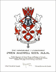 Lettres patentes concédant des emblèmes héraldiques à Owen Maxwell Rees Lettres patentes concédant des emblèmes héraldiques à Owen Maxwell Rees
