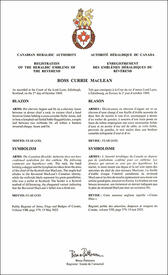 Lettres patentes enregistrant les emblèmes héraldiques de Ross Currie MacLean