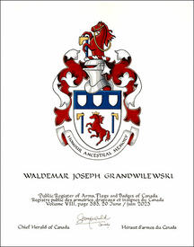 Lettres patentes concédant des emblèmes héraldiques à Waldemar Joseph Grandwilewski Lettres patentes concédant des emblèmes héraldiques à Waldemar Joseph Grandwilewski