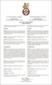 Letters patent registering the heraldic emblems of the City of Saskatoon
