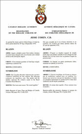 Lettres patentes enregistrant les emblèmes héraldiques de Jesse Cohen Lettres patentes enregistrant les emblèmes héraldiques de Jesse Cohen