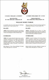 Lettres patentes enregistrant les emblèmes héraldiques de William Ogden Parlee