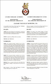 Lettres patentes enregistrant les emblèmes héraldiques de Zachary Macaulay Hamilton