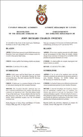 Lettres patentes enregistrant les emblèmes héraldiques de John Richard Charles Sweeney