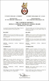 Lettres patentes enregistrant les emblèmes héraldiques du Lakehead District Roman Catholic Separate School Board