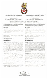 Lettres patentes enregistrant les emblèmes héraldiques de Derwyn Evan Howard Rokeby-Thomas Lettres patentes enregistrant les emblèmes héraldiques de Derwyn Evan Howard Rokeby-Thomas