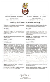 Lettres patentes enregistrant les emblèmes héraldiques de Derwyn Evan Howard Rokeby-Thomas
