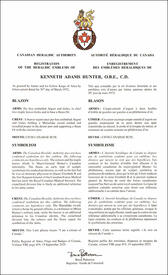 Letters patent registering the heraldic emblems of Kenneth Adams Hunter Letters patent registering the heraldic emblems of Kenneth Adams Hunter