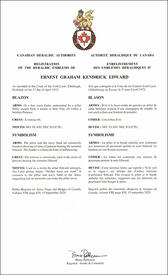 Letters patent registering the heraldic emblems of Ernest Graham Kendrick Edward Letters patent registering the heraldic emblems of Ernest Graham Kendrick Edward