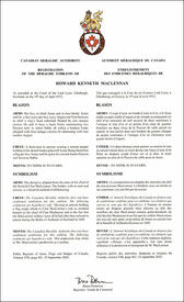 Letters patent registering the heraldic emblems of Howard Kenneth MacLennan