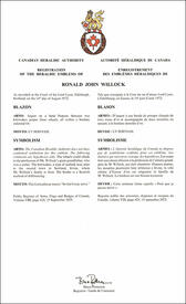 Lettres patentes enregistrant les emblèmes héraldiques de Ronald John Willock