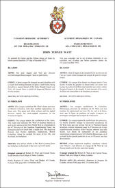 Lettres patentes enregistrant les emblèmes héraldiques de John Turner Watt Lettres patentes enregistrant les emblèmes héraldiques de John Turner Watt