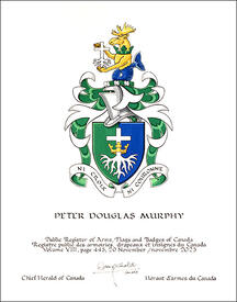 Lettres patentes concédant des emblèmes héraldiques à Peter Douglas Murphy Lettres patentes concédant des emblèmes héraldiques à Peter Douglas Murphy