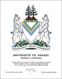 Letters patent granting heraldic emblems to the Université de Hearst