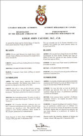 Lettres patentes enregistrant les emblèmes héraldiques de Leslie John Calvert Lettres patentes enregistrant les emblèmes héraldiques de Leslie John Calvert