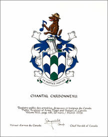 Letters patent granting heraldic emblems to Chantal Carbonneau Letters patent granting heraldic emblems to Chantal Carbonneau