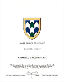 Letters patent granting heraldic emblems to Chantal Carbonneau Letters patent granting heraldic emblems to Chantal Carbonneau