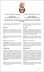 Letters patent registering the heraldic emblems of The Regional Municipality of Hamilton-Wentworth Letters patent registering the heraldic emblems of The Regional Municipality of Hamilton-Wentworth