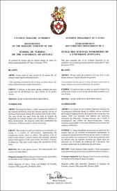 Letters patent registering the heraldic emblems of the School of Nursing of the University of Ottawa