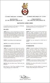 Lettres patentes enregistrant les emblèmes héraldiques de Kenneth James Doig Lettres patentes enregistrant les emblèmes héraldiques de Kenneth James Doig