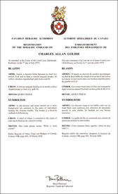 Letters patent registering the heraldic emblems of Charles Allan Goldie Letters patent registering the heraldic emblems of Charles Allan Goldie