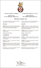 Letters patent registering the heraldic emblems of Donald MacRae