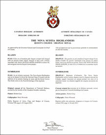 Letters patent approving the heraldic emblems of The Nova Scotia Highlanders